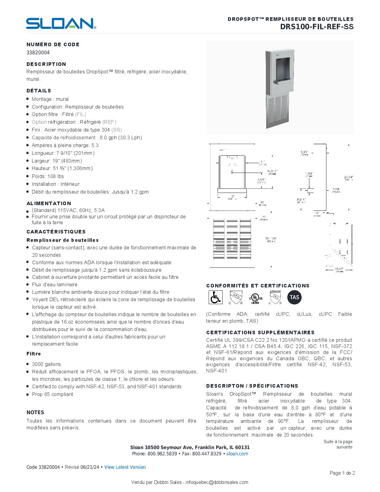Sloan DRS100-FIL-REF-SS